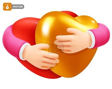 Illustration for Cute 3d realistic hands hugging two large hearts, red and gold. Cartoon hearts embrace. Concept of love, Valentines Day celebration, friendship, togetherness. Vector illustration - Royalty Free Image
