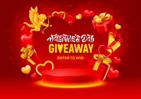 Illustration for Valentine's day giveaway banner template. Cute cartoon 3d realistic golden cupid, hearts, gift boxes flying around of glowing podium on red background. Place for text. Vector illustration - Royalty Free Image