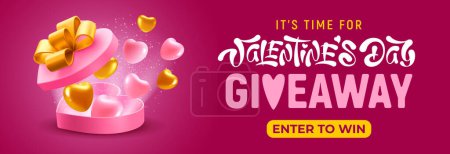 Illustration for Valentine's day giveaway banner template. Cute cartoon 3d realistic heart shaped gift box with bow on pink background. Hearts flying out from open gift box. Vector illustration - Royalty Free Image