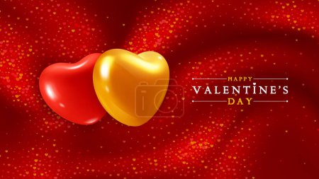 Ilustración de Banner de felicitación del día de San Valentín sobre ondas de fluido rojo o fondo textil de seda roja con purpurina en forma de corazón. El símbolo del amor - dos corazones 3D realistas juntos, rojo y dorado. Ilustración vectorial - Imagen libre de derechos