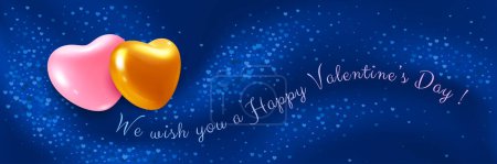 Illustration for Valentines day greeting banner on a dark blue fluid waves or silk textile background with heart shaped glitters. Love symbol - two realistic 3d hearts together, pink and golden. Vector illustration - Royalty Free Image