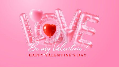 Ilustración de Globos de helio de lámina rosa en forma de letras componen la palabra amor, corazón rojo. Decoración realista 3D, elemento de diseño, banner para evento romántico, día de San Valentín, boda. Ilustración vectorial - Imagen libre de derechos