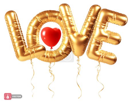 Illustration for Gold helium balloons in form of letters make up word love, red heart. 3D realistic decoration, isolated design element for romantic event, valentine's day, wedding, mother's day. Vector illustration - Royalty Free Image