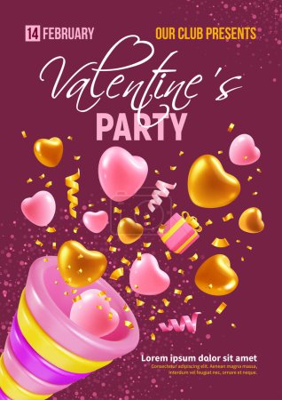 Illustration for Happy Valentine's Day party poster template. 3d realistic party popper, hearts, confetti and gifts popping from firework with explosion. Purple background with place for text. Vector illustration - Royalty Free Image