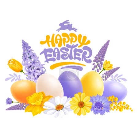 Illustration for Happy Easter greeting template. Cute colored eggs and spring flowers drawn in light colors, still life isolated on white background. Calligraphy hand drawn text Happy Easter. Vector illustration - Royalty Free Image