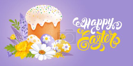 Illustration for Happy Easter banner template. Glazed Easter cake, cute colored eggs with daisy pattern, spring flowers on light violet background. Calligraphy hand drawn inscription Happy Easter. Vector illustration - Royalty Free Image