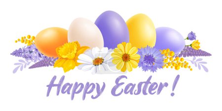 Illustration for Happy Easter banner template. Cute 3d realistic colored eggs, spring flowers, daisy, daffodil, hyacinth etc, isolated on white background. Calligraphy inscription Happy Easter. Vector illustration - Royalty Free Image