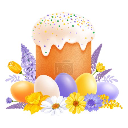 Illustration for Happy Easter still life. Isolated glazed Easter cake, colored eggs and spring flowers, drawn in light colors. Cute design element for any Easter greetings, card, banner etc. Vector illustration - Royalty Free Image
