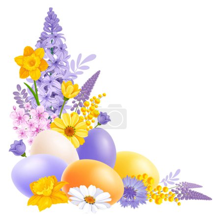 Illustration for Happy Easter corner composition. Cute colored 3d realistic eggs and cartoon spring flowers drawn in light colors, isolated on white background. Vector illustration - Royalty Free Image