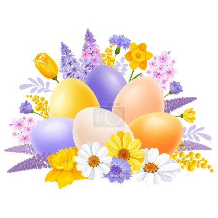 Ilustración de Feliz Pascua naturaleza muerta, composición central. Lindos huevos realistas en 3D de colores y flores de primavera de dibujos animados dibujados en colores claros, aislados sobre fondo blanco. Ilustración vectorial - Imagen libre de derechos