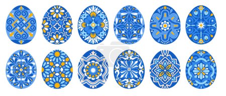 Illustration for Set of cute painted Easter eggs with floral geometric patterns in azulejo mediterranean style, isolated on white background. Vector illustration - Royalty Free Image