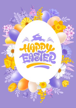 Illustration for Easter greeting card, banner or poster template. Cute colored eggs and gentle spring flowers isolated on light violet background. Calligraphy hand drawn lettering Happy Easter. Vector illustration - Royalty Free Image