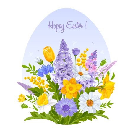 Ilustración de Diseño de tarjeta de felicitación de Pascua con lindo ramo de flores silvestres de primavera y flores de jardín, huevo de Pascua y texto de saludo, aislado sobre fondo blanco. Ilustración vectorial - Imagen libre de derechos