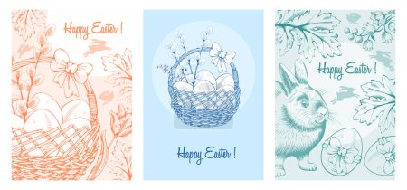 Photo for Easter vertical banners or greeting card templates with eggs in basket, hand drawn spring flowers, rabbit on light background with greeting text. Vintage style. Vector illustration - Royalty Free Image