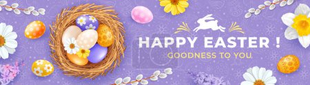 Téléchargez les illustrations : Easter banner template with cute colored eggs in the nest, spring flowers, pussy willow twigs on light purple background with hand drawn pattern on Easter theme and greeting text. Vector illustration - en licence libre de droit