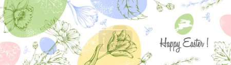 Photo for Easter horizontal banner template with colored eggs, hand drawn spring flowers, on light background with greeting text. Trendy and elegant minimal style. Vector illustration - Royalty Free Image