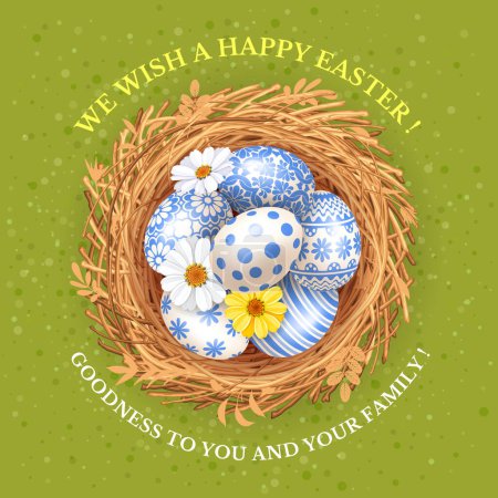 Photo for Easter greeting card or square banner template. Cute colored eggs with patterns in the nest, spring flowers daisy, greeting text on light green background. Vector illustration - Royalty Free Image