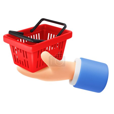 Illustration for Cute cartoon hand holding or giving red empty shopping basket. 3d realistic conceptual icon for sale advertising, offers or discounts. Invitation to shopping. Vector illustration - Royalty Free Image