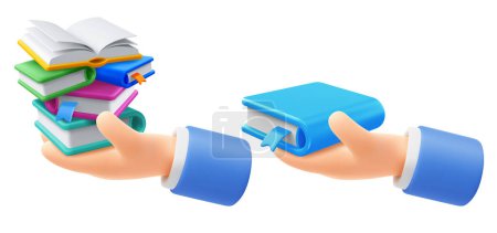 Illustration for Cute cartoon hand holding or giving multicolored books. 3d realistic conceptual icon on education, back to school theme. Vector illustration - Royalty Free Image