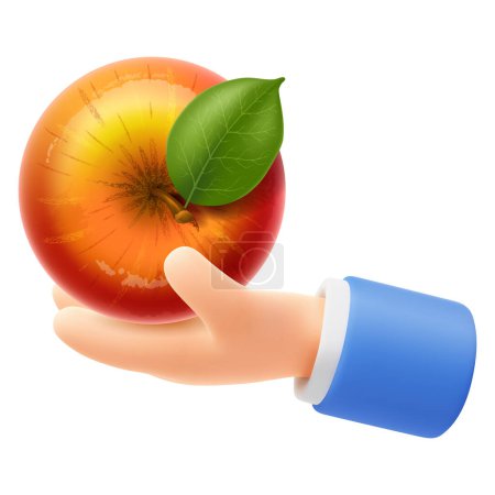 Cute cartoon hand holding or giving apple fruit with leaf. 3d realistic icon, isolated on white background. Healthy, wholesome food or education, knowledge concept. Vector illustration