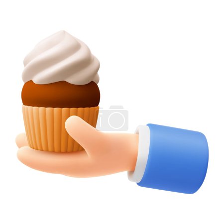 Cute cartoon hand holding or giving sweet cupcake. 3d realistic icon, isolated on white background. Unhealthy, high calorie food, surprise, award or office break concept. Vector illustration