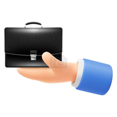 Photo for Cute cartoon hand holding or giving black leather business case. 3d realistic icon, isolated on white background. Innovation, startup, proposal, ready made solution business concept. Vecto - Royalty Free Image
