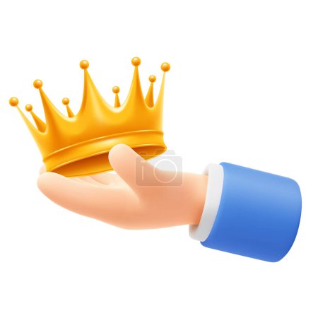 Cute cartoon hand holding or giving golden crown. 3d realistic icon, isolated on white background. Win, success, achievement or award. Business concept in playful manner. Vector illustration