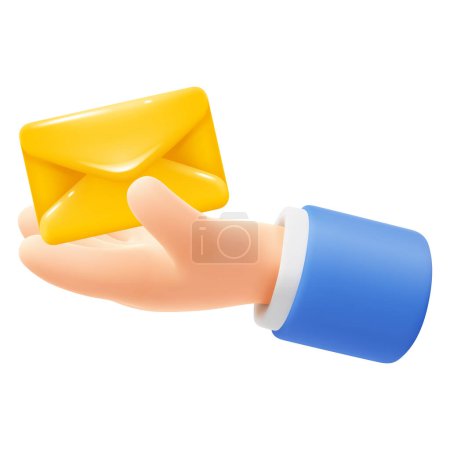 Photo for Cute cartoon hand holding or giving yellow postal envelope. 3d realistic icon, isolated on white background. Send or receiving message, mail, letter. Business concept in playful manner. Vector - Royalty Free Image