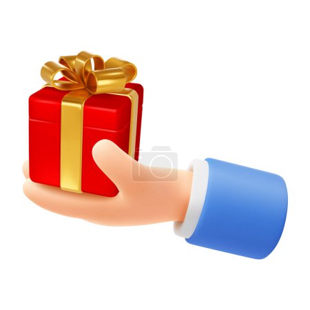 Photo for Cute cartoon hand holding or giving red gift box with golden bow. 3d realistic icon, isolated on white background. Business concept of win, success, surprise, achievement or award. Vector illustration - Royalty Free Image