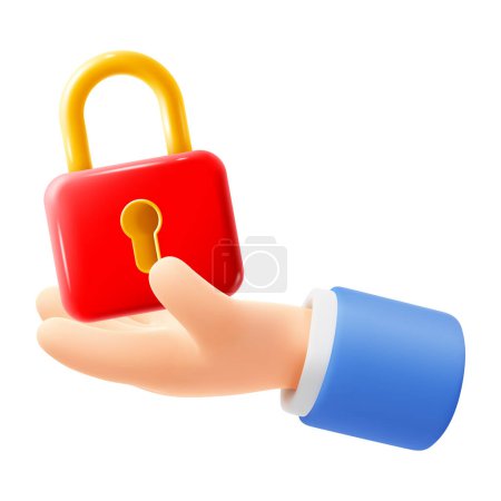 Photo for Cute cartoon hand holding or giving padlock. 3d realistic icon, isolated on white. Business concept of safety, protection, personal data or commercial secret. Vector illustration - Royalty Free Image