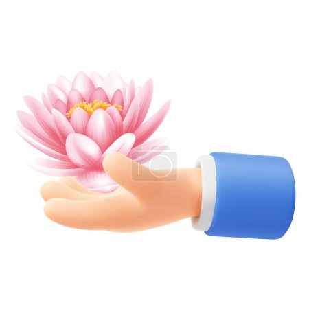 Cute cartoon hand holding or giving water lily flower. 3d realistic conceptual icon, isolated on white. Vector illustration