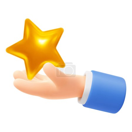 Cute cartoon hand holding or giving gold star. 3d realistic icon, isolated on white background. Concept of social media rating, user feedback or good review. Vector illustration