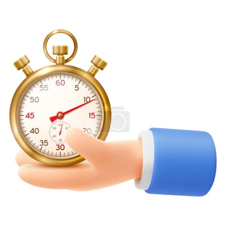 Photo for Cute cartoon hand holding or giving stopwatch. 3d realistic icon, isolated on white background. Time management, self organization, deadline or working time business concept. Vector illustration - Royalty Free Image