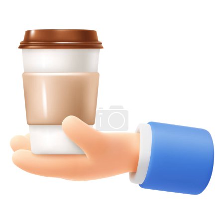 Nette Cartoon Hand hält oder gibt Einwegbecher mit Heißgetränk, Kaffee, Tee, etc. 3D realistisches Symbol, isoliert auf weißem Hintergrund. Büroeinbruchkonzept. Vektorillustration