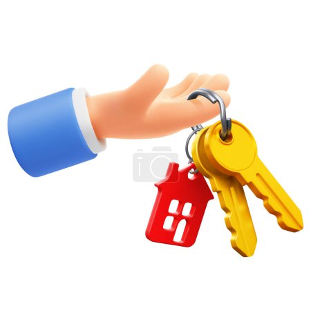Schlüsselübergabe mit Schlüsselanhänger in Form eines Hauses. Immobilienkonzept, Kauf, Verkauf, Schutz, Sicherheit, Sachversicherung. Isoliert auf weiß. Vektor 3D realistische Illustration