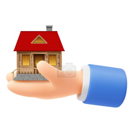 Illustration for Cute cartoon hand holding or giving beautiful house. 3d realistic icon, isolated on white background. Real estate, purchase or sell, ownership, property or rent concept. Vector illustration - Royalty Free Image