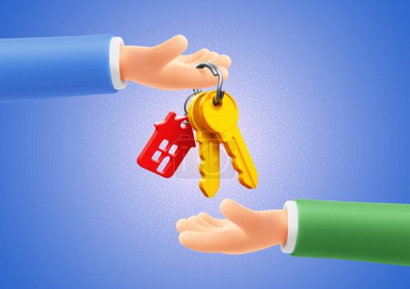 Illustration for Cute cartoon 3d realistic hand giving keys from house. Concept of real estate, purchase or sell, ownership, property or rent. Vector illustration - Royalty Free Image