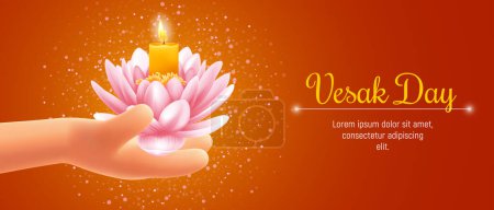 Illustration for Happy Vesak Day or Buddha purnima banner, greeting card template with cute 3d realistic hand holding lotus flower with burning candle. Vector illustration - Royalty Free Image
