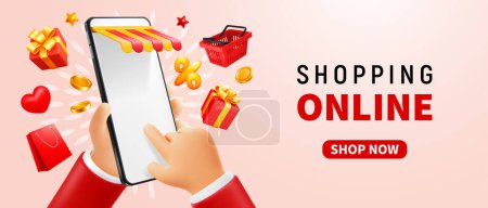 Hand holding mobile phone, finger touching screen, light background. Gifts, coins, basket flying around. Conceptual 3d vector design for advertising of shopping online, sale, discounts, mockup etc.