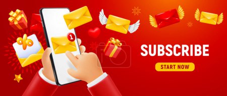 Photo for Hand holding mobile phone with new incoming letter, finger touches screen with email symbol, red background. Conceptual 3d vector design, subscribe newsletter, email marketing, offers and discounts - Royalty Free Image