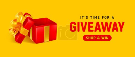 Illustration for Giveaway, sale or win, conceptual advertising luxury banner template. 3d realistic open red gift box with golden bow on the yellow background. Vector illustration - Royalty Free Image