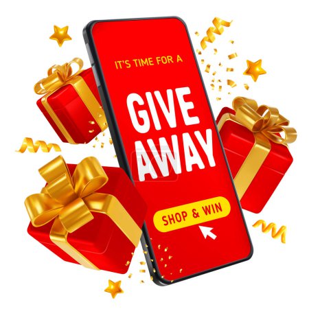 Photo for Giveaway event, sale or win, conceptual advertising design template with 3d realistic gift boxes and confetti around of the smartphone with text. Isolated on white background. Vector illustration - Royalty Free Image