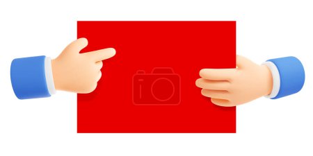 Ilustración de Empresario mano sosteniendo gran tarjeta roja o hoja de papel y apunta a él con su otra mano. Espacio vacío para el texto. 3d ilustración vectorial realista - Imagen libre de derechos