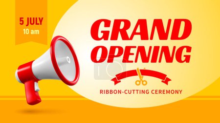 Illustration for Advertisement of Grand Opening. Unusual banner template design with 3d realistic megaphone, red ribbon and golden scissors. Place for text, vibrant yellow background. Vector illustration - Royalty Free Image