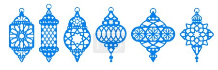 Photo for Set of ramadan lanterns, arabic lamps with patterns. Fanous lantern, flat, silhouette vintage design. Eastern, turkish, moroccan traditional lamp, from metal and glass. Vector illustration - Royalty Free Image