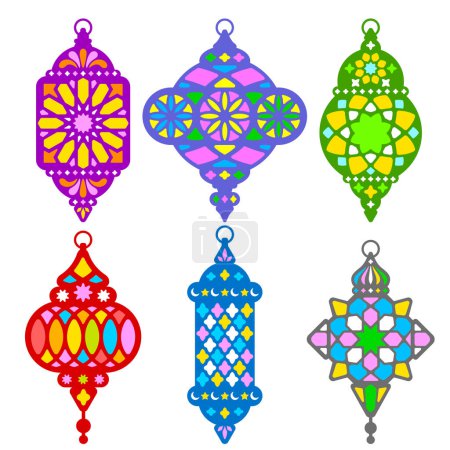 Laternen aus Ramadan, arabische Lampen mit farbigen Mustern. Fanous Laterne, flach, Silhouette Vintage-Design. Östliche, türkische, marokkanische traditionelle Lampe aus Metall und Glas. Vektorillustration