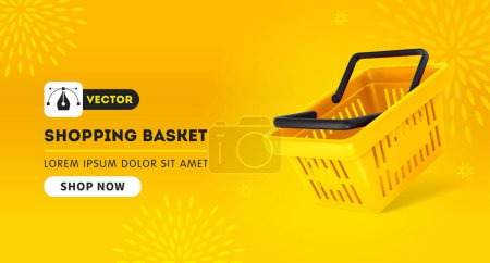 Illustration for Yellow plastic shopping or grocery basket from supermarket, on vibrant yellow background with place for text. Advertising banner template with wide aspect ratio. 3d realistic vector illustration - Royalty Free Image