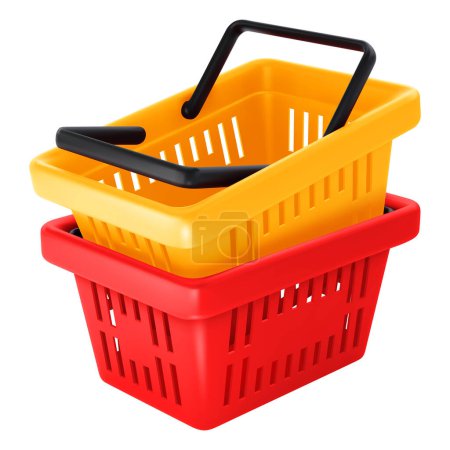 Photo for Two empty plastic shopping baskets, nested inside one another. Realistic 3d shopping carts with handles, isolated on white background. Vector illustration - Royalty Free Image