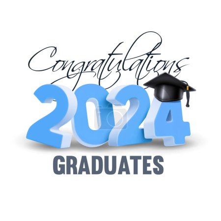 Illustration for Design template of congratulations graduates class of 2024, banner with 3d realistic academic hat, volumetric blue numbers and congrats text for high school or college graduation. Vector illustration - Royalty Free Image