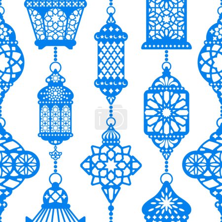 Photo for Seamless pattern with ornate ramadan lanterns, arabic lamps. Fanous lantern, flat, silhouette vintage design. Eastern, turkish, moroccan traditional lamp, monochrome texture. Vector illustration - Royalty Free Image